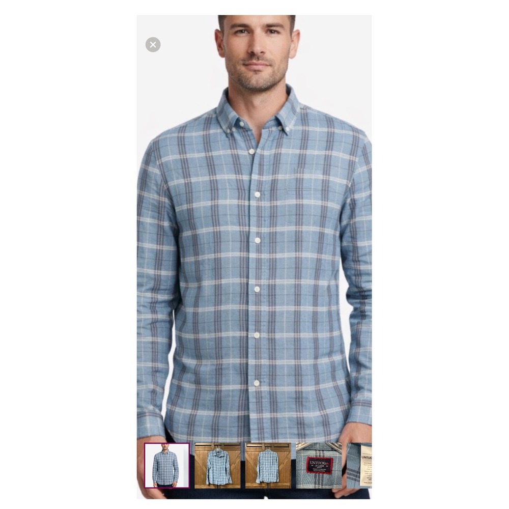 UNTUCKit Garzon Blue Plaid Slim Fit Cotton Linen Button Down Shirt XL 40539